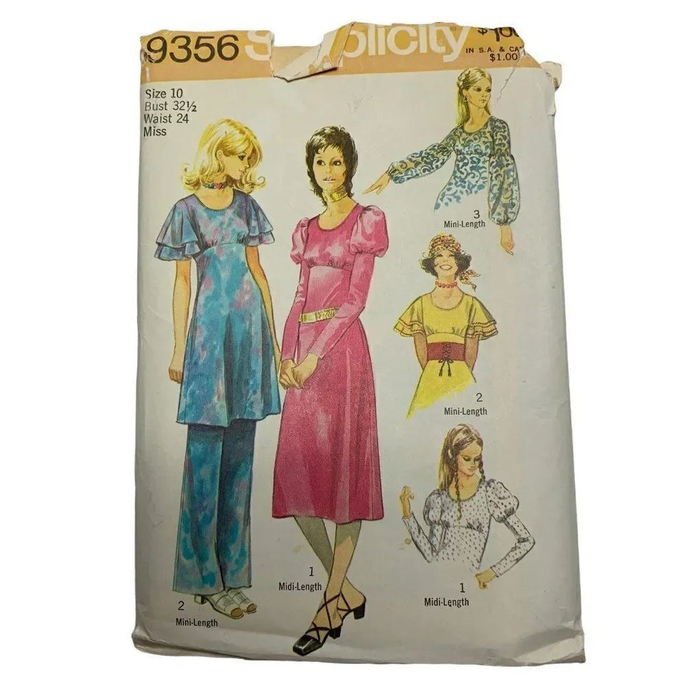 Vintage 70s Simplicity 9356 Pattern Misses 8-16 Dress Groovy Pants Uncut